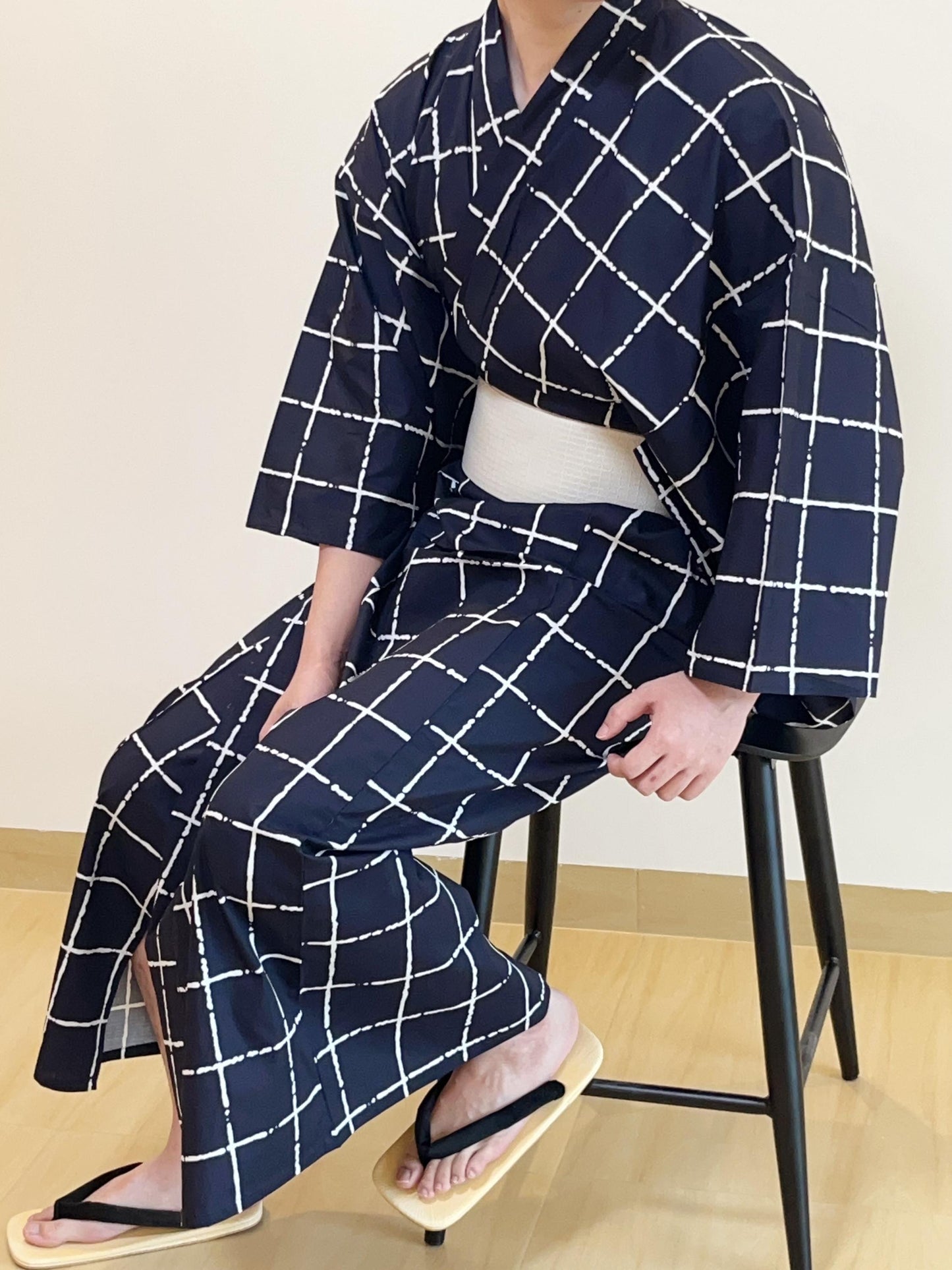 Mens' Navy Cotton Yukata 3PCS/5PCS Set, Custom Fit Available