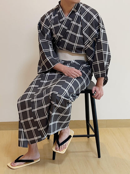 Mens' Grey Cotton Yukata 3PCS/5PCS Set, Custom Fit Available