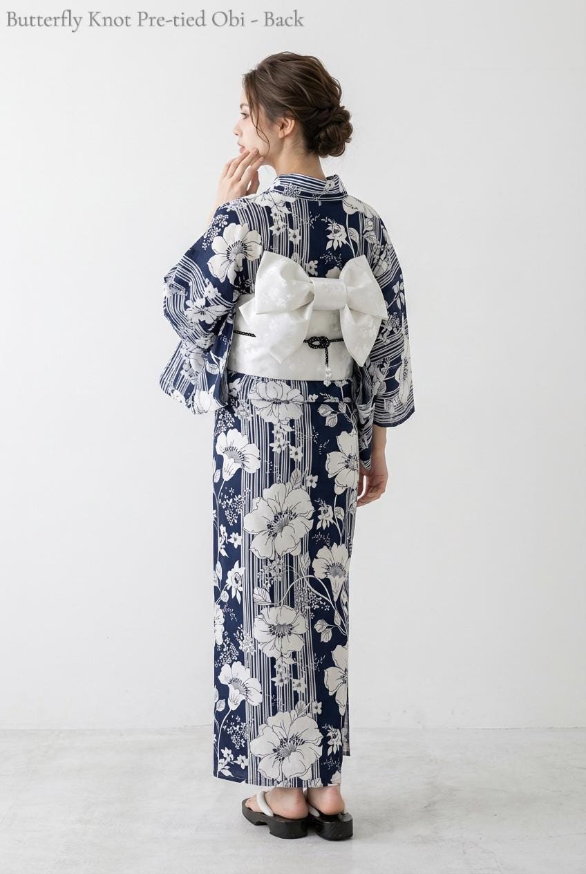 Navy Blue Floral Japanese Cotton Yukata Set with Obi Belt, Obijime, Geta Sandals, Custom Fit Available