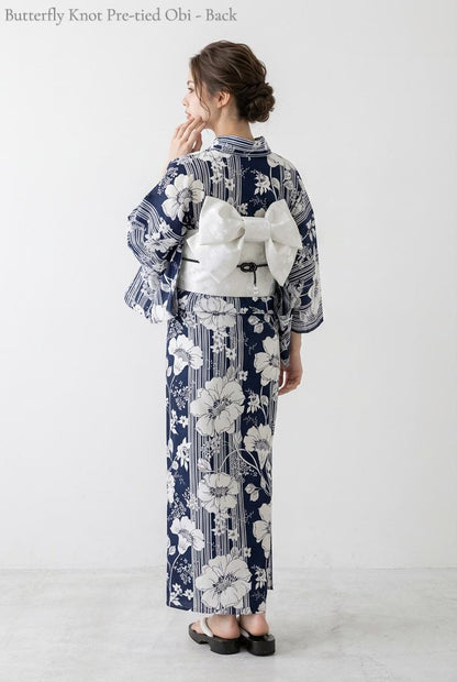 Navy Blue Floral Japanese Cotton Yukata Set with Obi Belt, Obijime, Geta Sandals, Custom Fit Available