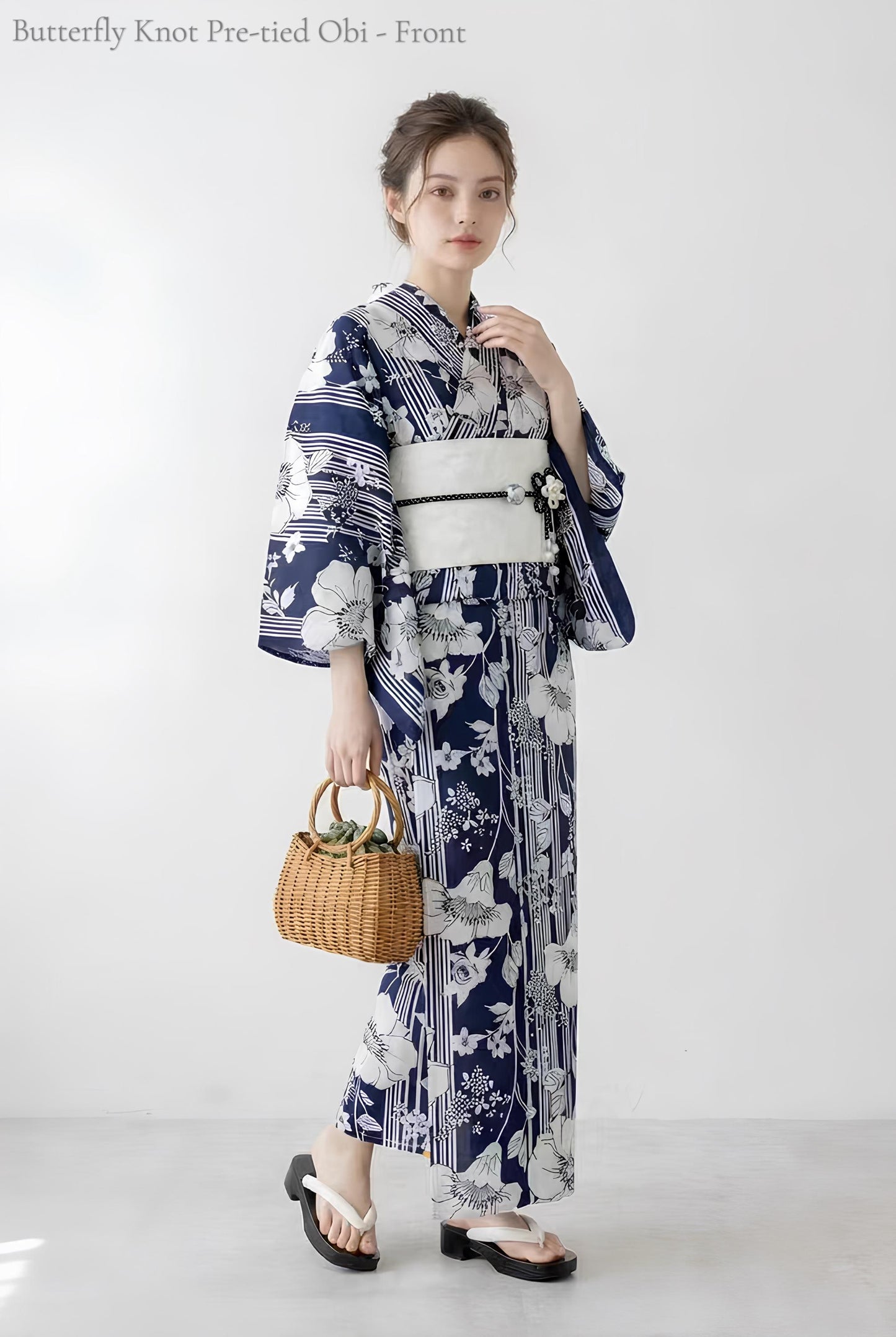 Navy Blue Floral Japanese Cotton Yukata Set with Obi Belt, Obijime, Geta Sandals, Custom Fit Available