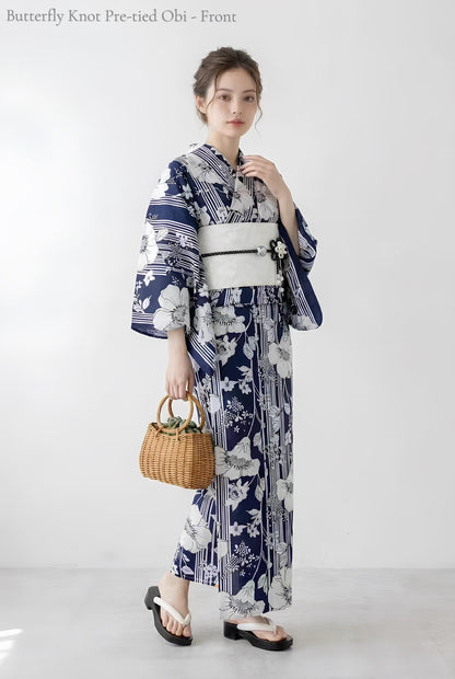 Navy Blue Floral Japanese Cotton Yukata Set with Obi Belt, Obijime, Geta Sandals, Custom Fit Available