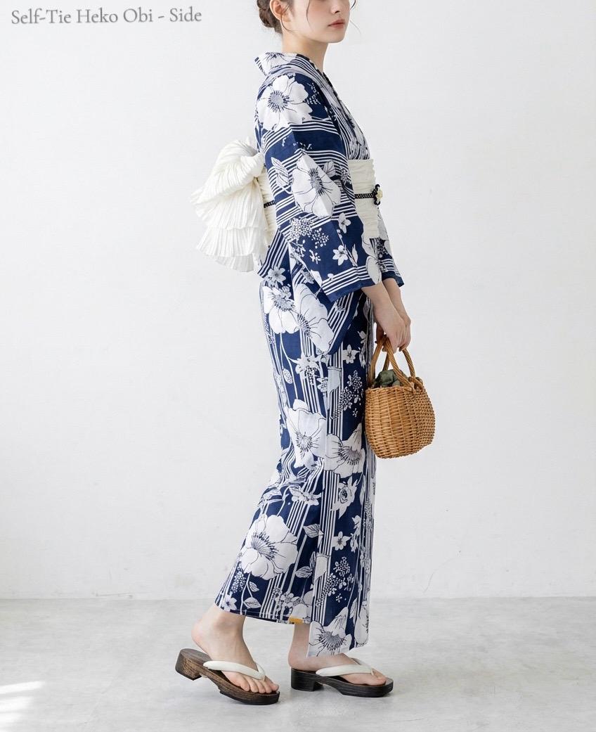 Navy Blue Floral Japanese Cotton Yukata Set with Obi Belt, Obijime, Geta Sandals, Custom Fit Available