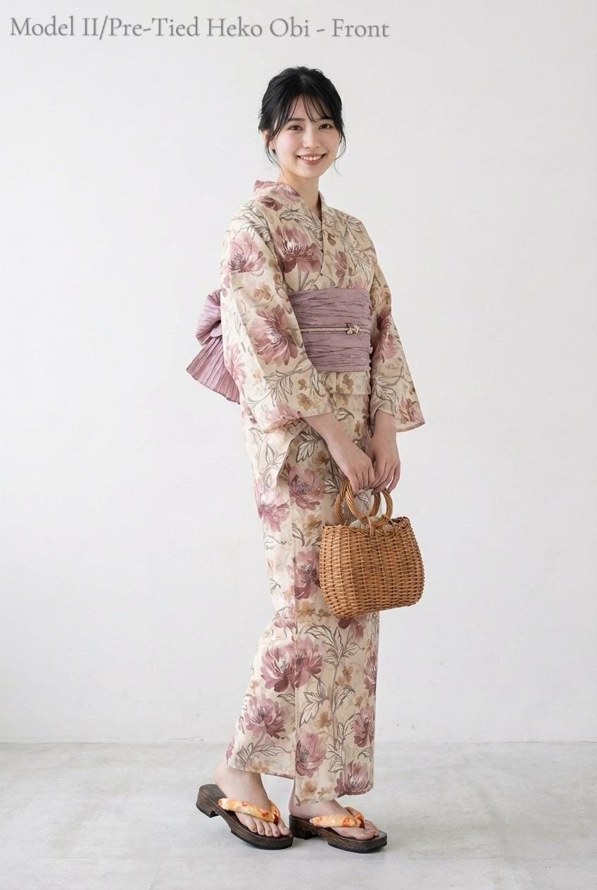 Floral Japanese Cotton Yukata Set, Obi Belt & Geta Sandals, Beige and Dusty Pink, Custom Fit Available