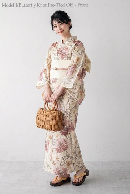 Floral Japanese Cotton Yukata Set, Obi Belt & Geta Sandals, Beige and Dusty Pink, Custom Fit Available