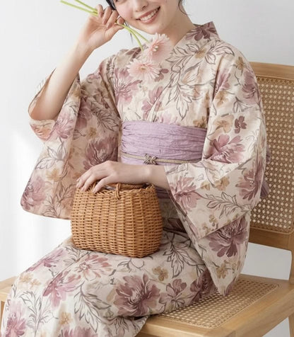 Floral Japanese Cotton Yukata Set, Obi Belt & Geta Sandals, Beige and Dusty Pink, Custom Fit Available