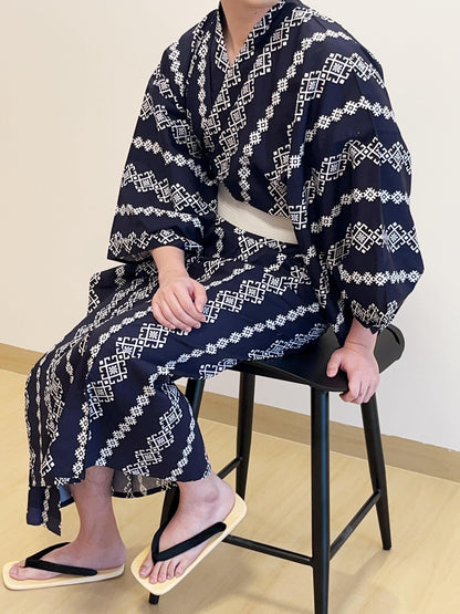Men's Black Striped Cotton Yukata,  3PCS/5PCS Set, Custom Fit Available