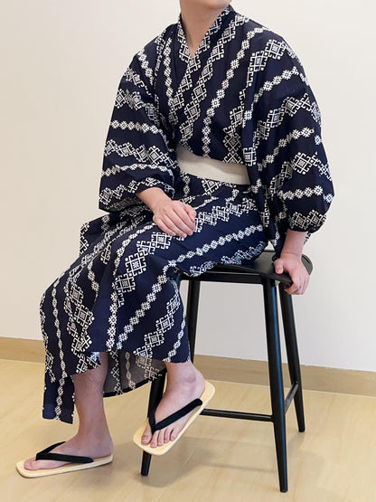 Mens' Navy Cotton Yukata 3PCS/5PCS Set, Custom Fit Available