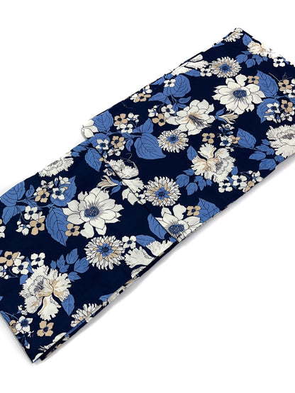Navy Floral Cotton Yukata Set, Obi Belt & Sandals, Custom Fit Available