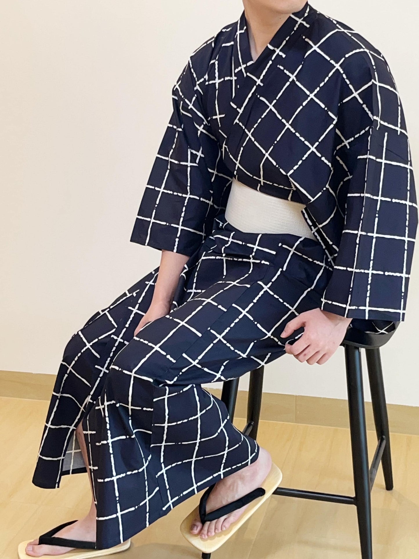 Mens' Navy Cotton Yukata 3PCS/5PCS Set, Custom Fit Available