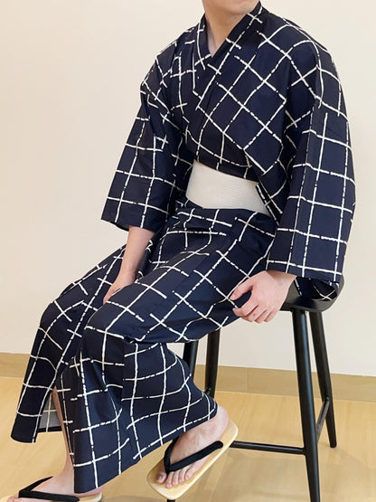 Mens' Navy Cotton Yukata 3PCS/5PCS Set, Custom Fit Available