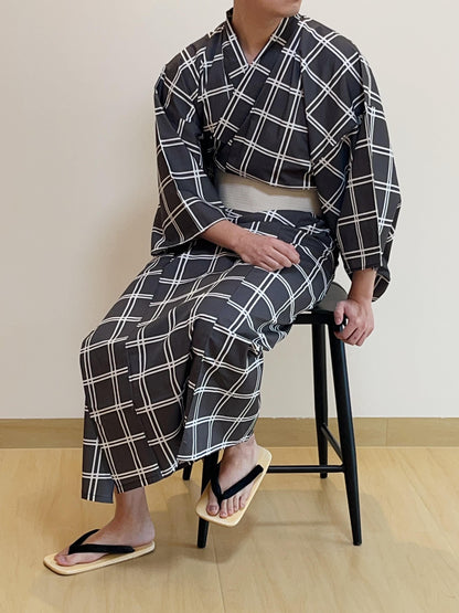 Mens' Grey Cotton Yukata 3PCS/5PCS Set, Custom Fit Available