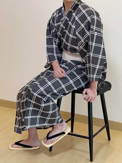 Mens' Grey Cotton Yukata 3PCS/5PCS Set, Custom Fit Available