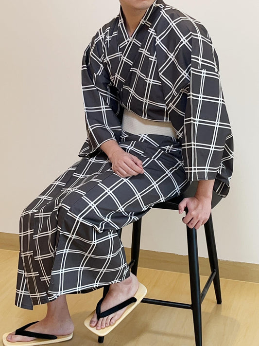 Mens' Grey Cotton Yukata 3PCS/5PCS Set, Custom Fit Available