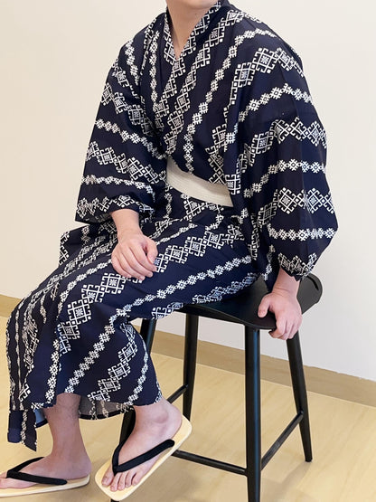 Men's Black Striped Cotton Yukata,  3PCS/5PCS Set, Custom Fit Available