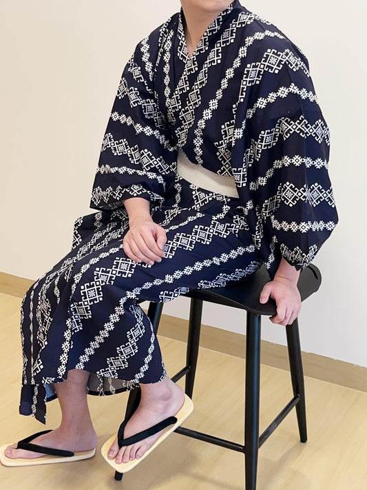Men's Black Striped Cotton Yukata,  3PCS/5PCS Set, Custom Fit Available