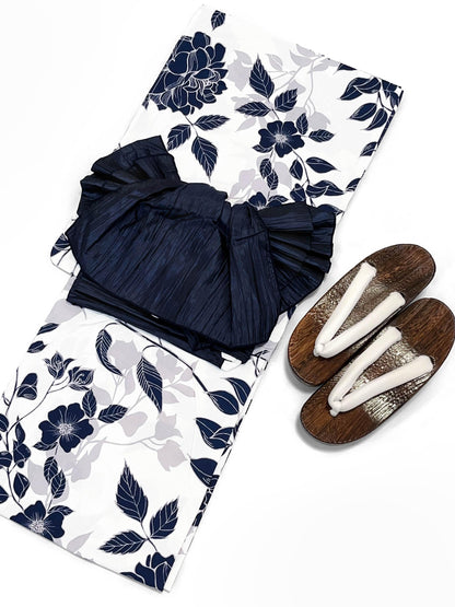 Floral Japanese Cotton Yukata Set, Obi Belt & Geta Sandals, Beige and Dusty Pink, Custom Fit Available