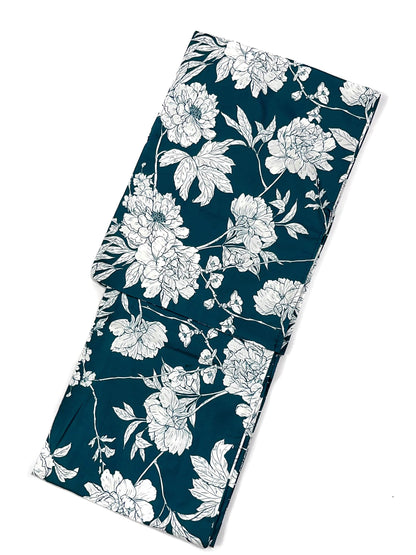 Green Floral Japanese Cotton Yukata Set, Obi Belt & Geta Sandals, Custom Fit Available