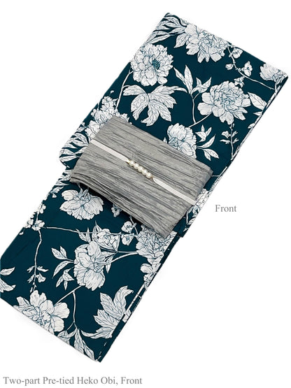 Green Floral Japanese Cotton Yukata Set, Obi Belt & Geta Sandals, Custom Fit Available