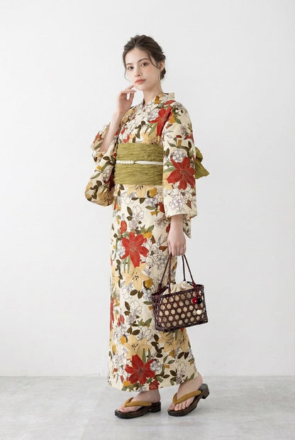 Floral Cotton Yukata Set, Obi Belt, Obijime & Sandals, Custom Fit Available