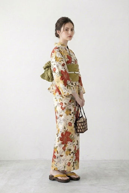 Floral Cotton Yukata Set, Obi Belt, Obijime & Sandals, Custom Fit Available