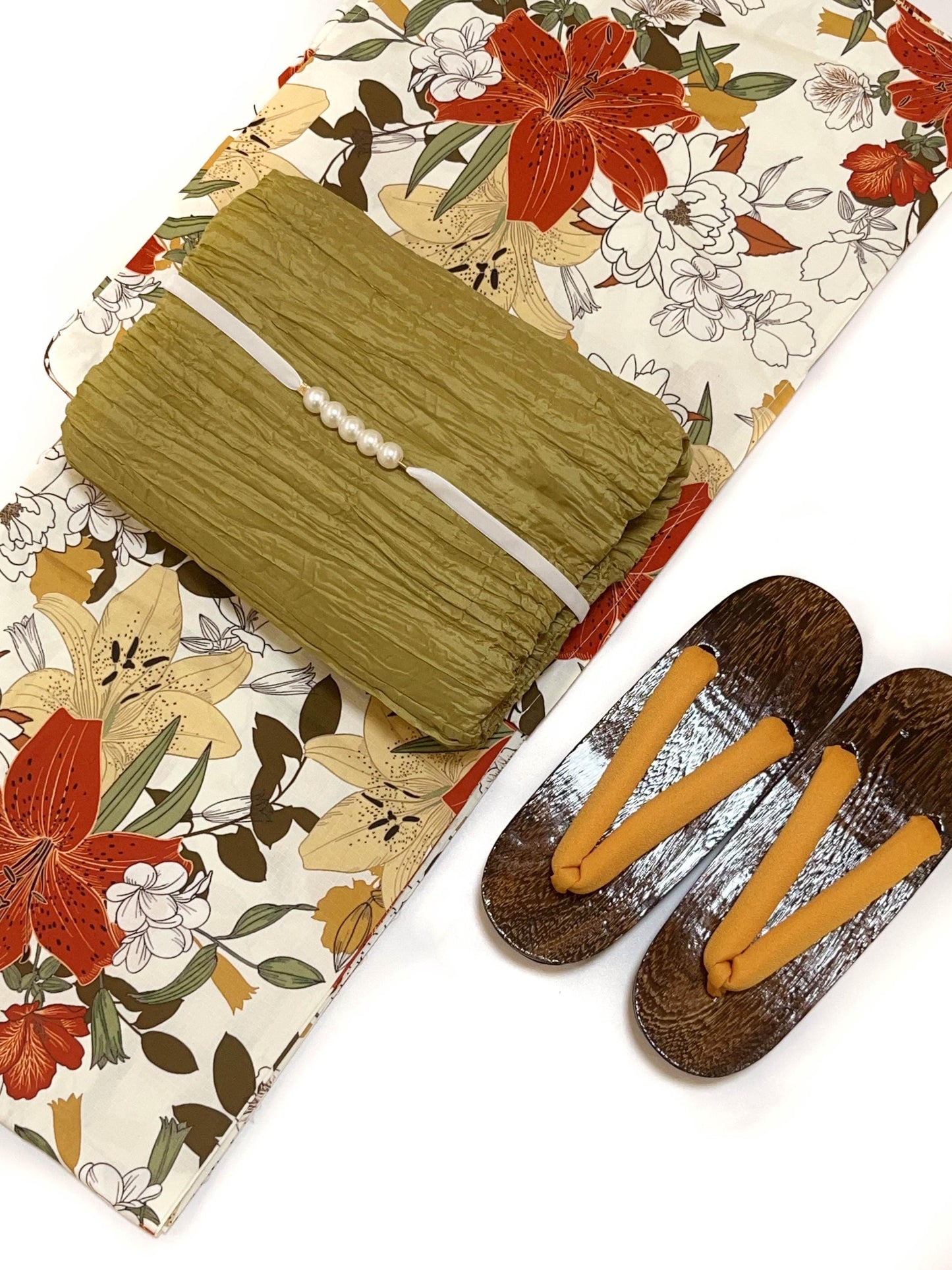 Floral Cotton Yukata Set, Obi Belt, Obijime & Sandals, Custom Fit Available