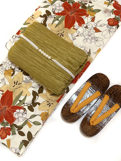Floral Cotton Yukata Set, Obi Belt, Obijime & Sandals, Custom Fit Available