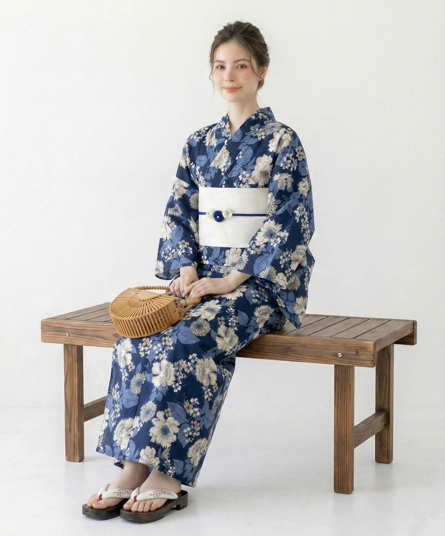Navy Floral Cotton Yukata Set, Obi Belt & Sandals, Custom Fit Available