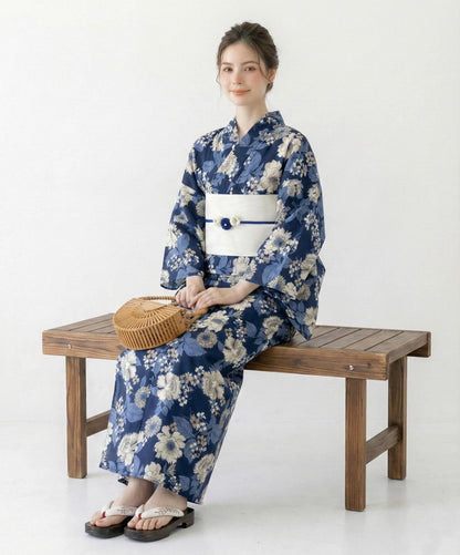 Navy Floral Cotton Yukata Set, Obi Belt & Sandals, Custom Fit Available