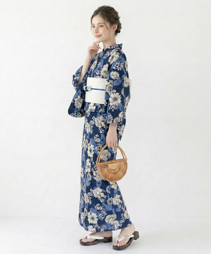 Navy Floral Cotton Yukata Set, Obi Belt & Sandals, Custom Fit Available