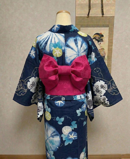 Floral Pre-Tied Obi Belt (Magenta) 3PCS Gift Set, Butterfly Knot Obi, Objime, & Obita