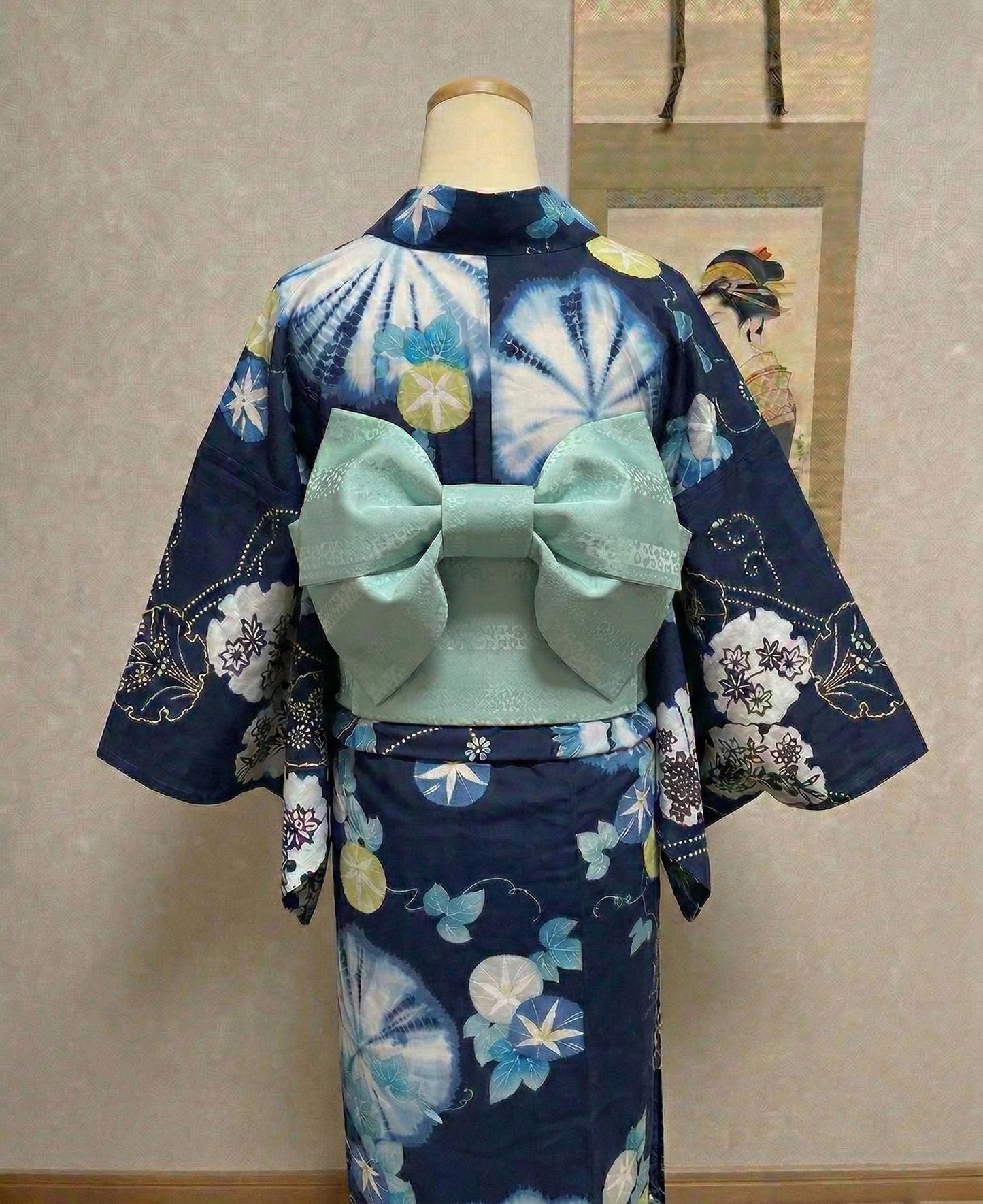 Floral Pre-Tied Obi Belt (Light Green) 3PCS Gift Set, Butterfly Knot Obi, Objime, & Obita