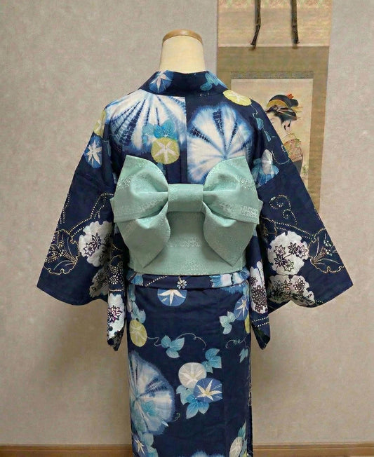 Floral Pre-Tied Obi Belt (Light Green) 3PCS Gift Set, Butterfly Knot Obi, Objime, & Obita