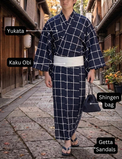 Japanese Demin Blue Setta Sandals, Haori Himo, Shingen bag: Men's Smart Casual Kimono/Summer Yukata Accessory Gift Set