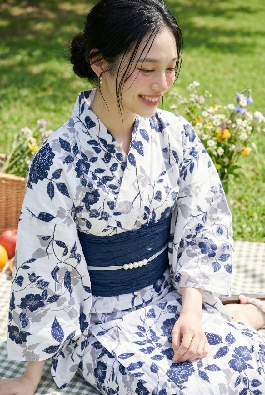 Floral Pattern Cotton Yukata Set, Obi Belt, Obijime & Sandals, Custom Fit Available
