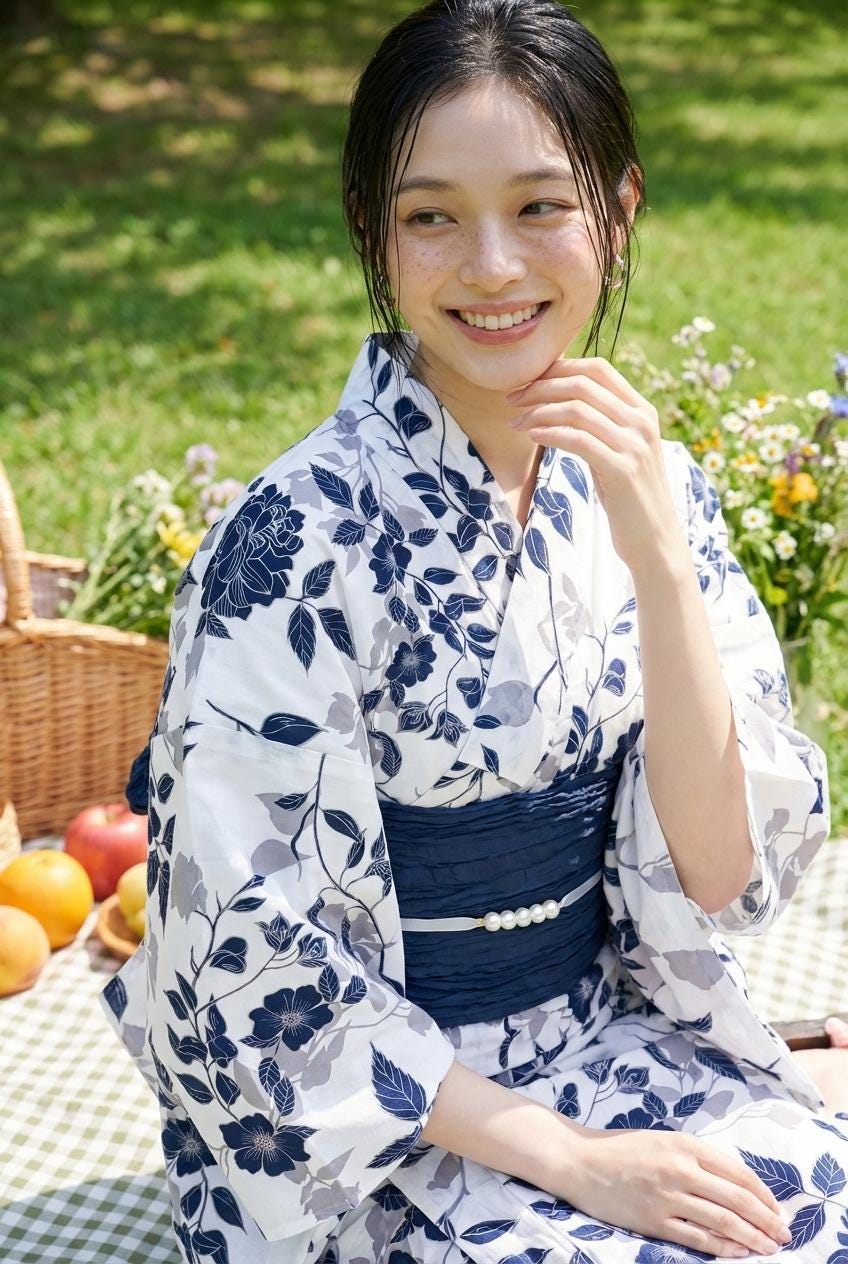 Floral Pattern Cotton Yukata Set with Obi Belt, Obijime, and Sandals