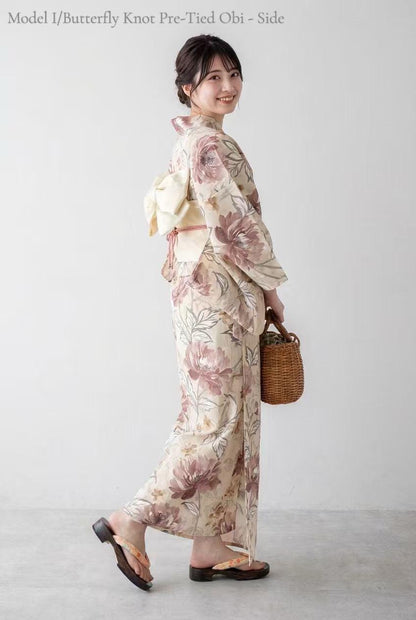 Floral Japanese Cotton Yukata Set, Obi Belt & Geta Sandals, Beige and Dusty Pink, Custom Fit Available