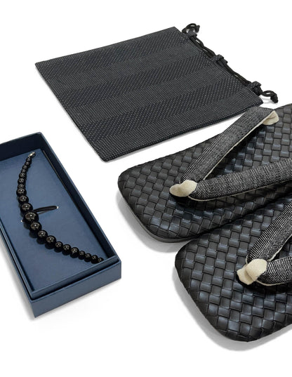 Japanese Black Setta Sandals, Haori Himo, Shingen bag: Men's Smart Casual Kimono/Summer Yukata Accessory Gift Set