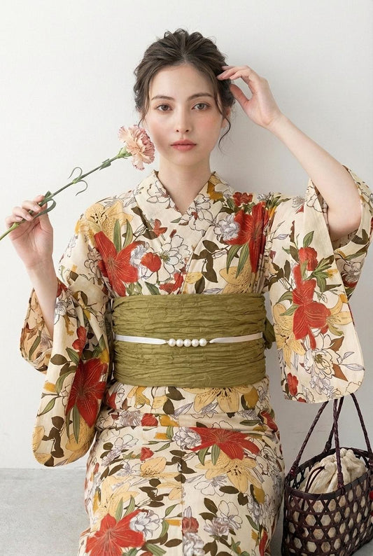 Floral Cotton Yukata Set, Obi Belt, Obijime & Sandals, Custom Fit Available