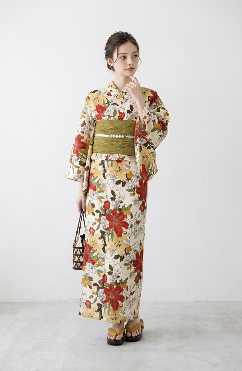 Floral Cotton Yukata Set, Obi Belt, Obijime & Sandals, Custom Fit Available