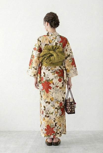 Floral Cotton Yukata Set, Obi Belt, Obijime & Sandals, Custom Fit Available