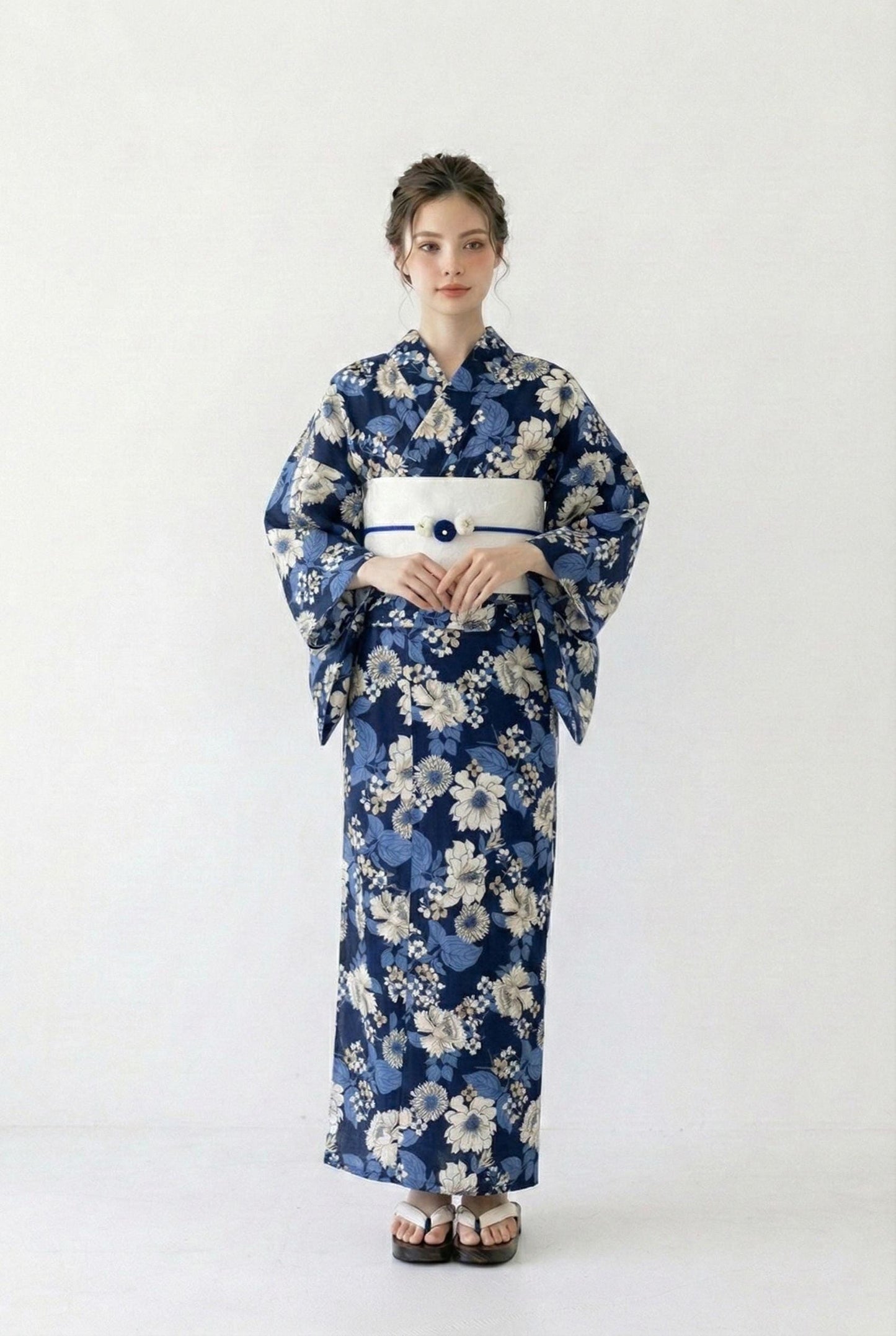 Navy Floral Cotton Yukata Set, Obi Belt & Sandals, Custom Fit Available