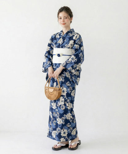 Navy Floral Cotton Yukata Set, Obi Belt & Sandals, Custom Fit Available