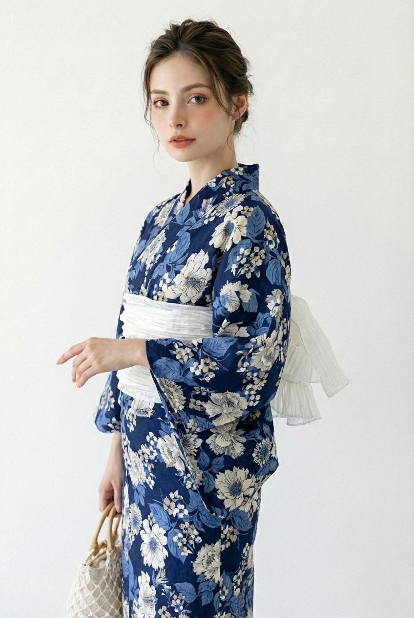 Navy Floral Cotton Yukata Set, Obi Belt & Sandals, Custom Fit Available