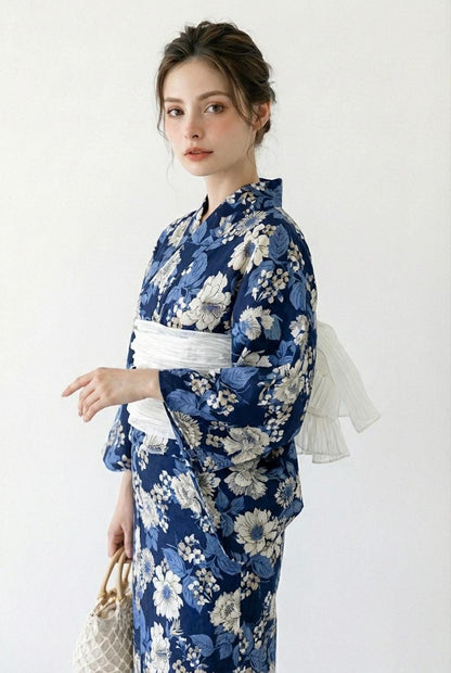Navy Floral Cotton Yukata Set, Obi Belt & Sandals, Custom Fit Available