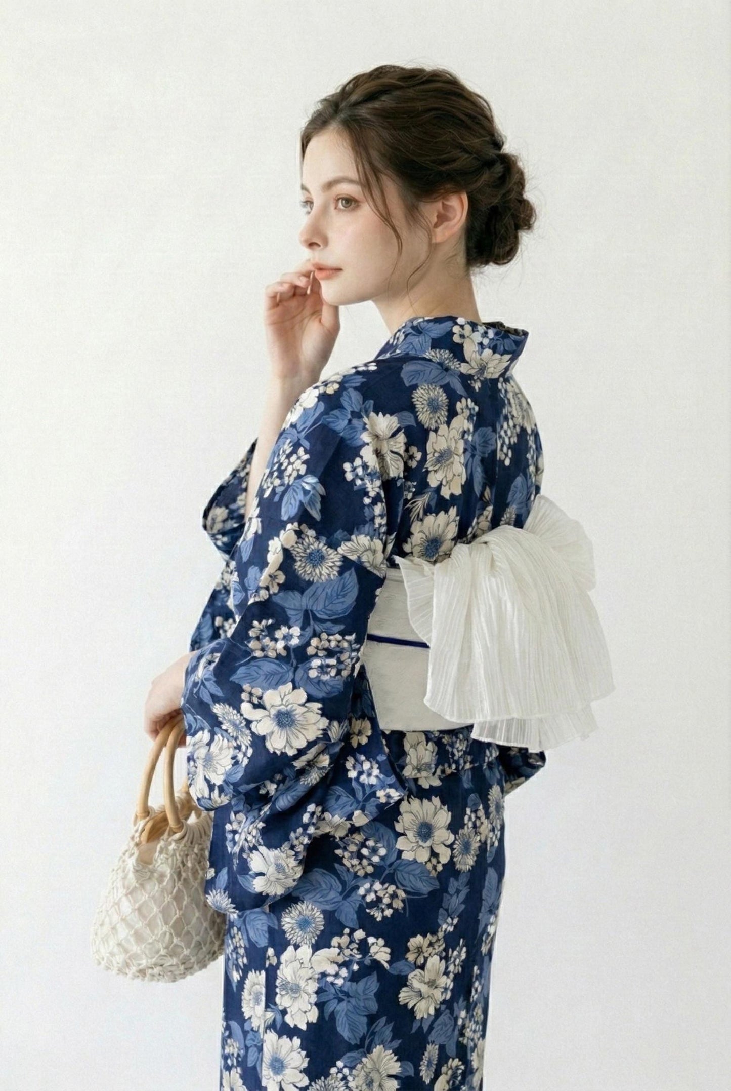 Navy Floral Cotton Yukata Set, Obi Belt & Sandals, Custom Fit Available