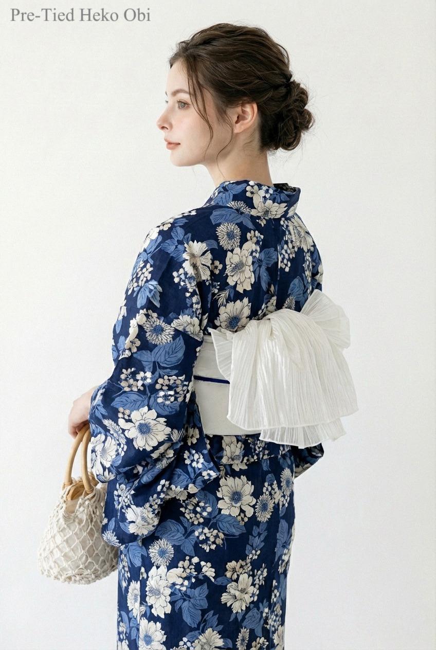Navy Floral Cotton Yukata Set, Obi Belt & Sandals, Custom Fit Available