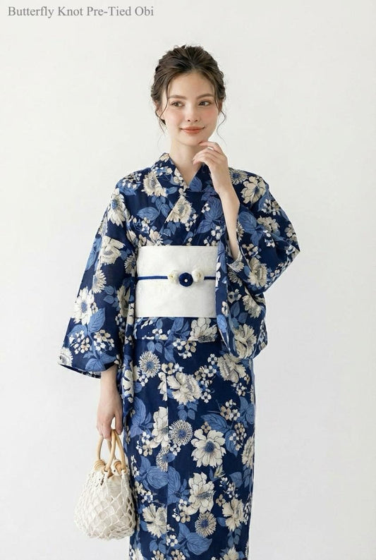 Navy Floral Cotton Yukata Set, Obi Belt & Sandals, Custom Fit Available