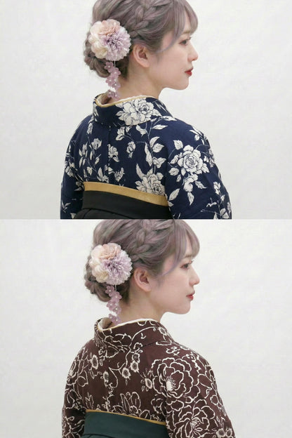 Hakama 3PCS Gift Set, Navy Blue Traditional Hakama Skirt, Koshi Himo, Floral Hair Accessory