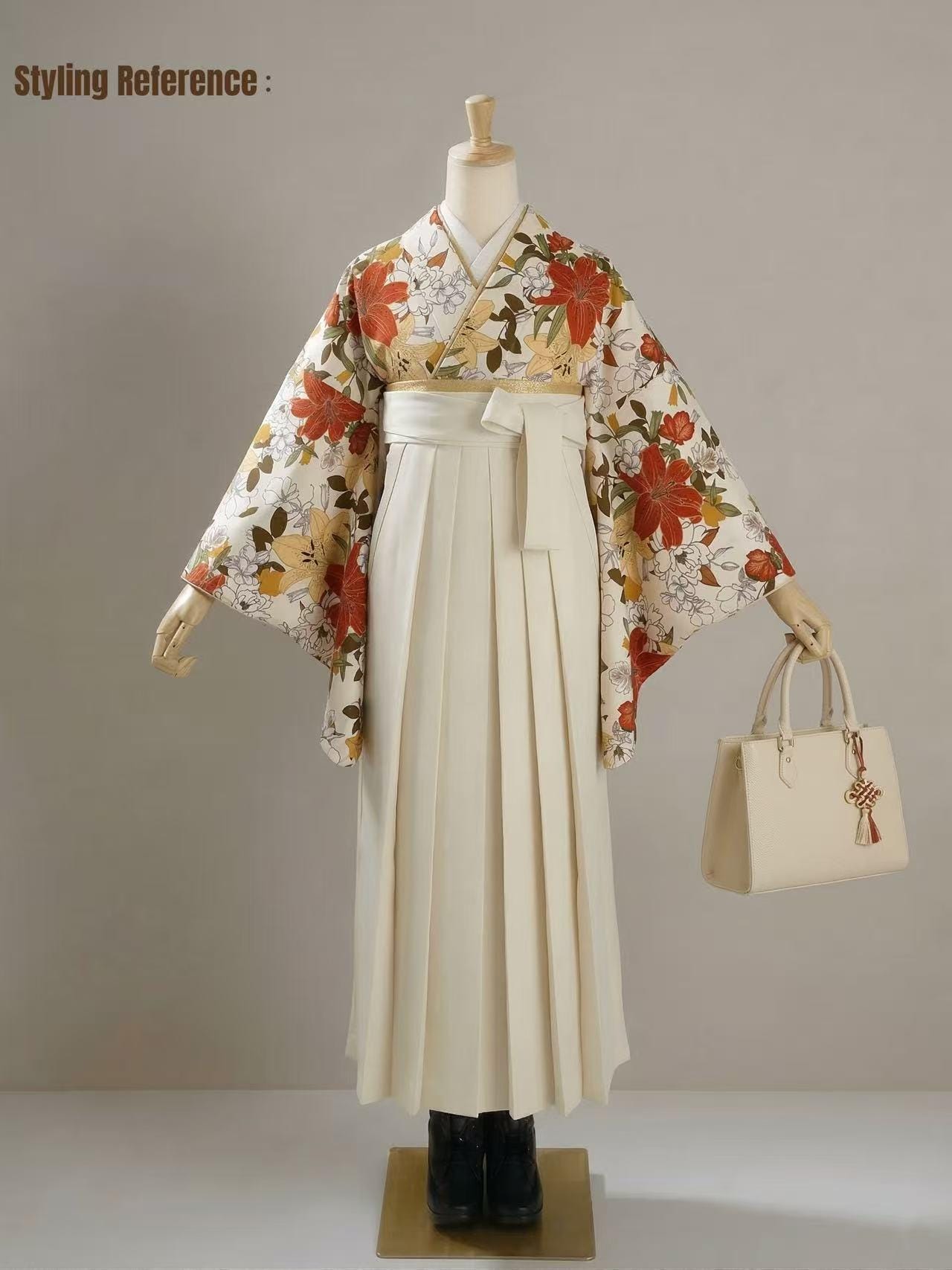 Hakama 3PCS Gift Set, Navy Blue Traditional Hakama Skirt, Koshi Himo, Floral Hair Accessory